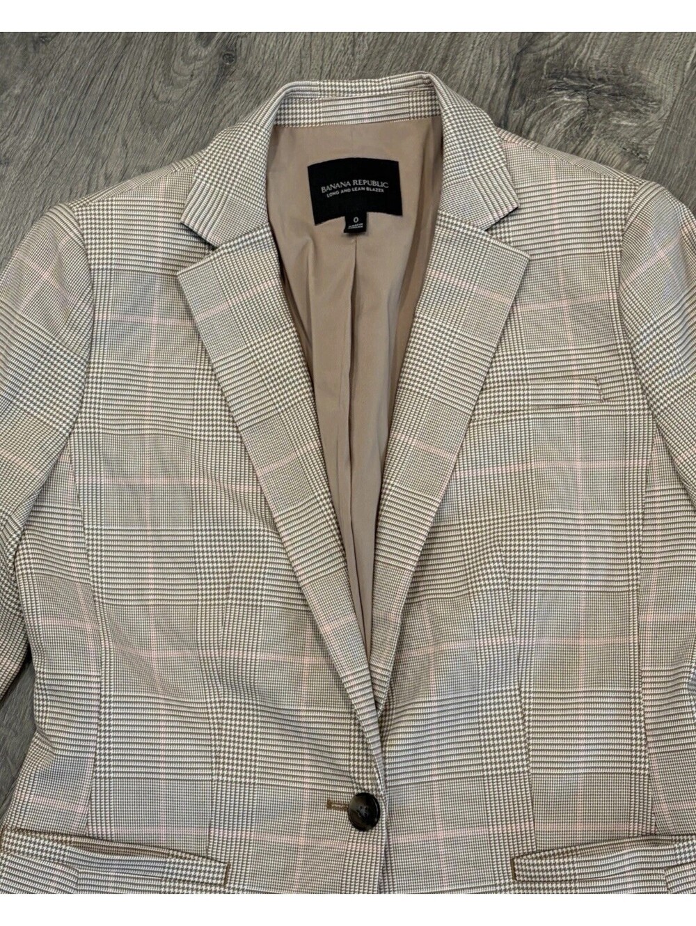 Banana Republic Long & Lean Blazer Womens 0 Pink Beige Glen Plaid Houndstooth